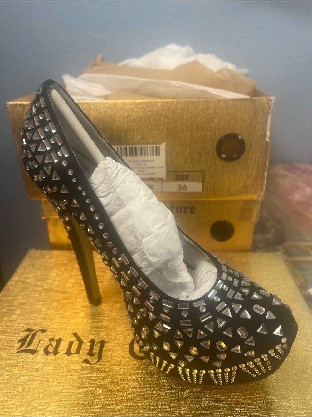 Lady Couture Black & Silver Studded Suede 6 Inch Heel Pump 5.5 36 New